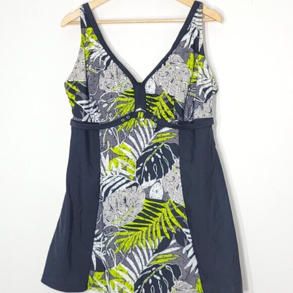 SwimSuit One Piece Green Blue Floral Dress Bathing Suit Adjustable Strap Sz XL - Picture 1 of 14